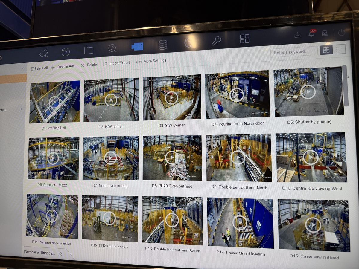 CCTV monitor showing a grid of warehouse camera views
